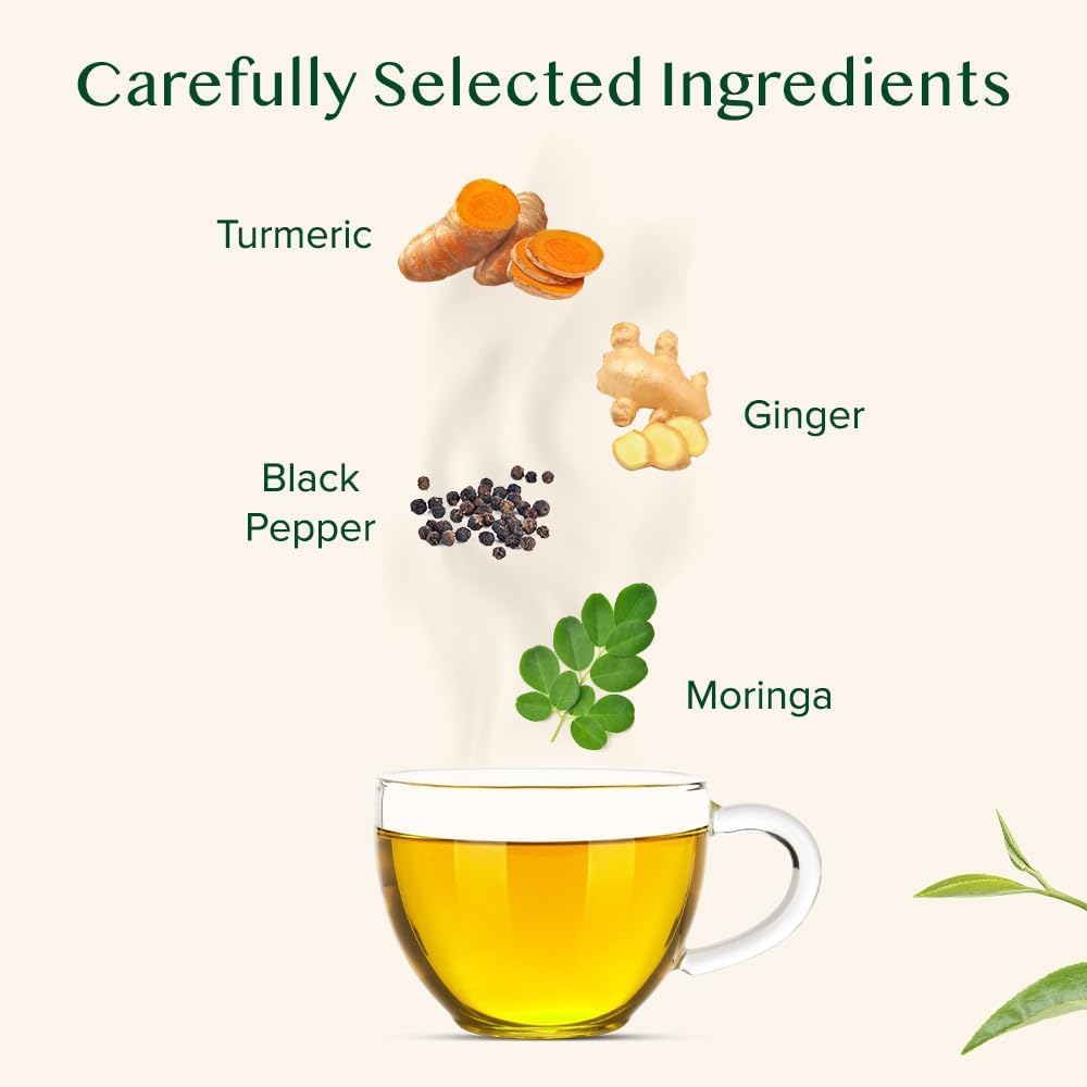 Vahdam Turmeric Moringa Tea Bags 15 Herbal Tea Bags) Caffeine Free, Non GMO, Gluten Free | 100% Pure Herbal Blend - Sweet & Earthy