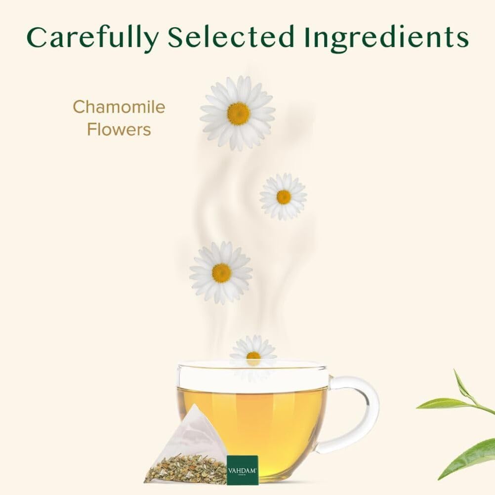 VAHDAM Chamomile Herbal Tea (15 Pyramid Tea Bags) Resealable Ziplock Pouch - Caffeine Free, Non GMO, Gluten Free - 100% Pure Tisane - Sweet & Floral - Made With Natural Chamomile Flowers