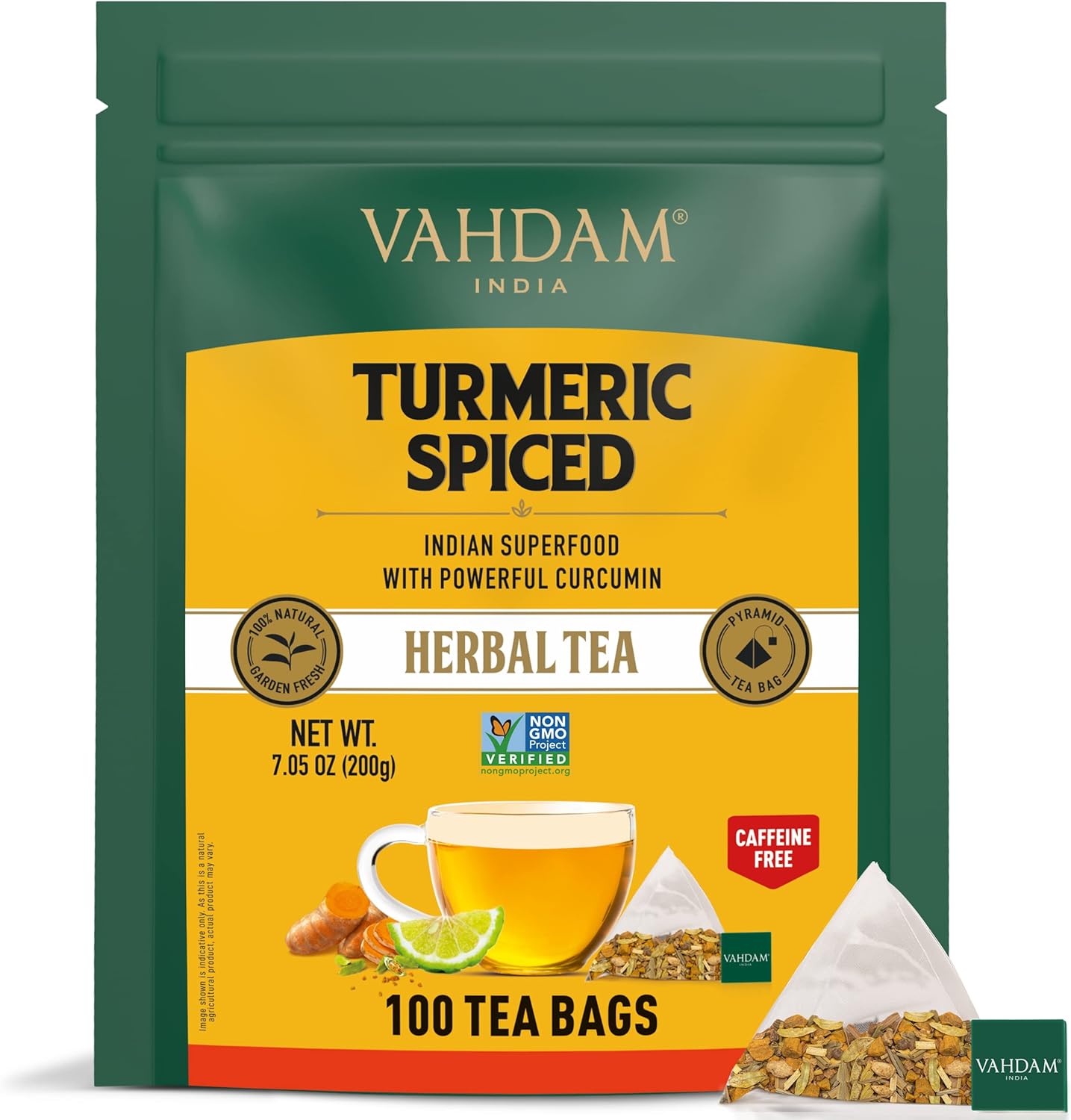 VAHDAM, Turmeric Spice Herbal Tea Bags (30 Count) Caffeine Free, Non GMO, Gluten Free - 100% Pure Herbal Tisane - Savory & Spicy - Individually Wrapped Pyramid Tea Bags