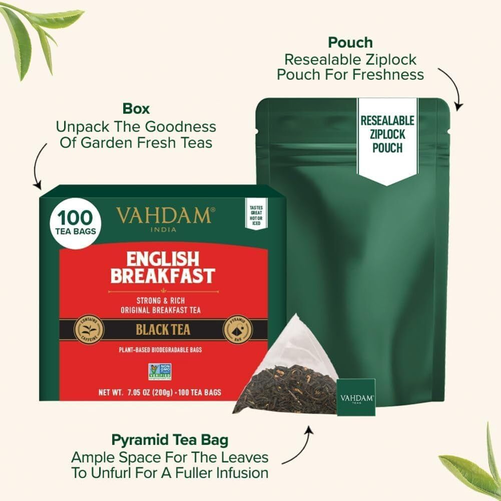 VAHDAM English Breakfast Black Tea Bags (15 Count) High Caffeine | Strong, Robust & Flavoury - Pyramid Tea Bags- Full Bodied Black Tea Leaves
