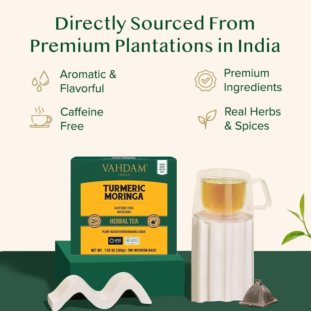 Vahdam Turmeric Moringa Tea Bags 15 Herbal Tea Bags) Caffeine Free, Non GMO, Gluten Free | 100% Pure Herbal Blend - Sweet & Earthy