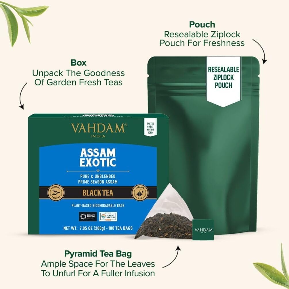 VAHDAM Assam Exotic Black Tea Bags (15 Count) High Caffeine, Gluten Free, Full Bodied - Pyramid Tea Bags - Strong, Robust & Flavoury