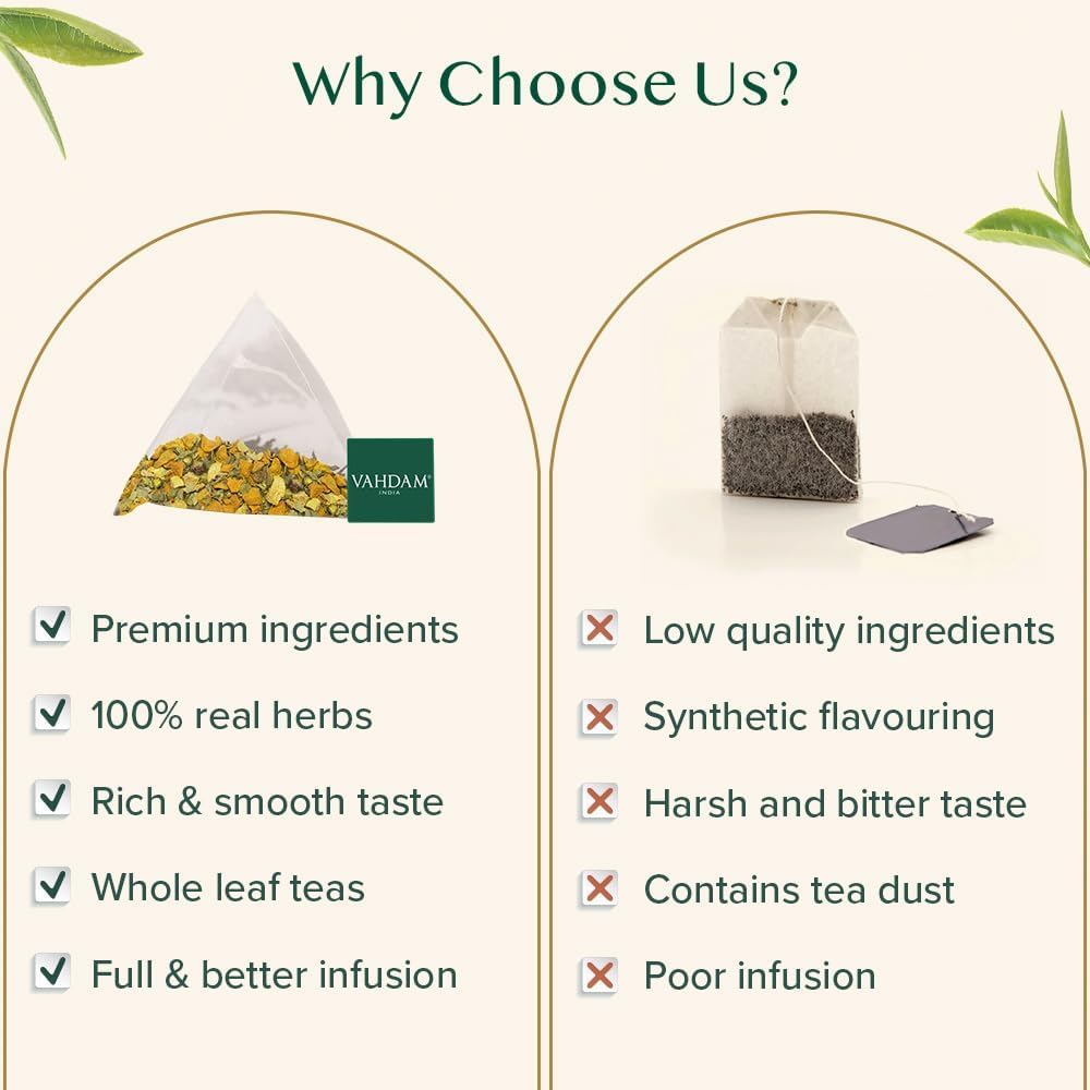 Vahdam Turmeric Moringa Tea Bags 15 Herbal Tea Bags) Caffeine Free, Non GMO, Gluten Free | 100% Pure Herbal Blend - Sweet & Earthy