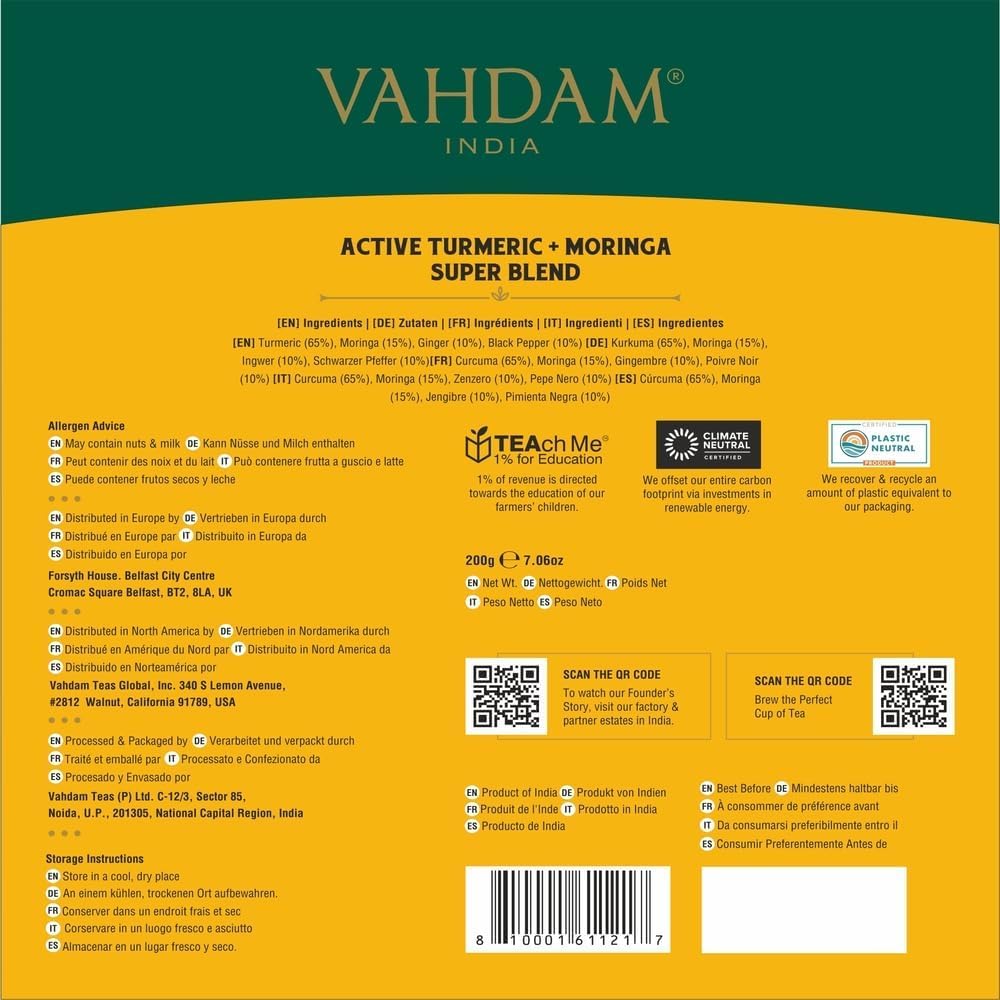 Vahdam Turmeric Moringa Tea Bags 15 Herbal Tea Bags) Caffeine Free, Non GMO, Gluten Free | 100% Pure Herbal Blend - Sweet & Earthy