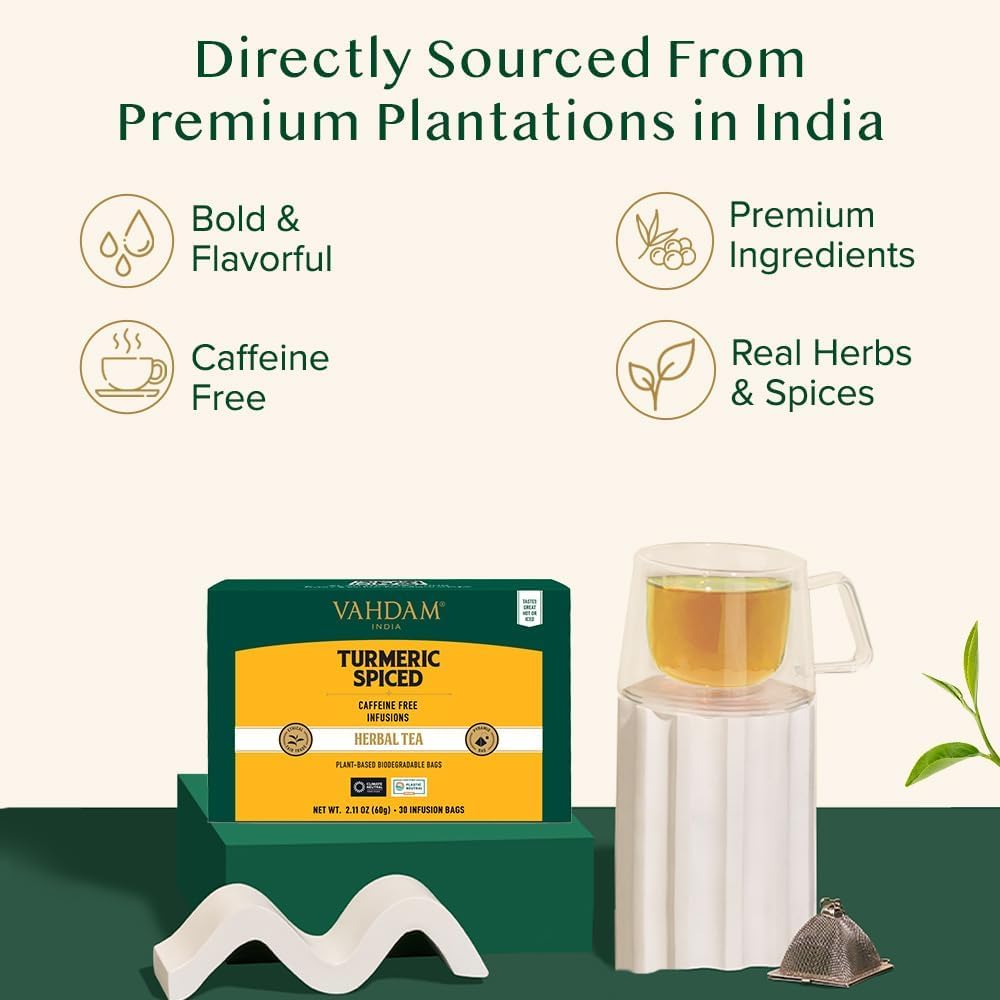 VAHDAM, Turmeric Spice Herbal Tea Bags (30 Count) Caffeine Free, Non GMO, Gluten Free - 100% Pure Herbal Tisane - Savory & Spicy - Individually Wrapped Pyramid Tea Bags