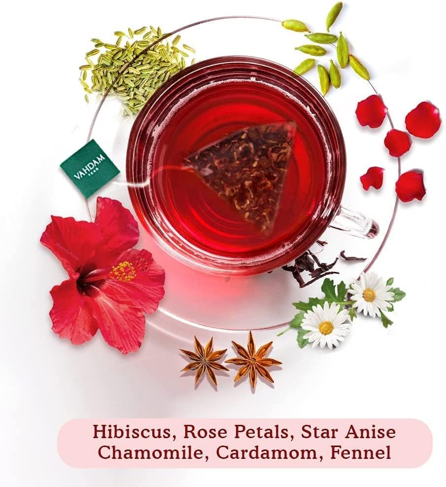 VAHDAM Hibiscus Rose Tea (15 Pyramid Tea Bags) Herbal Tea Bags- Hibiscus Rose Petals & Indian Exotic Spices - Caffeine Free Hibiscus Tea, Floral Flavour Tisane - Eco-Conscious Tea Bags