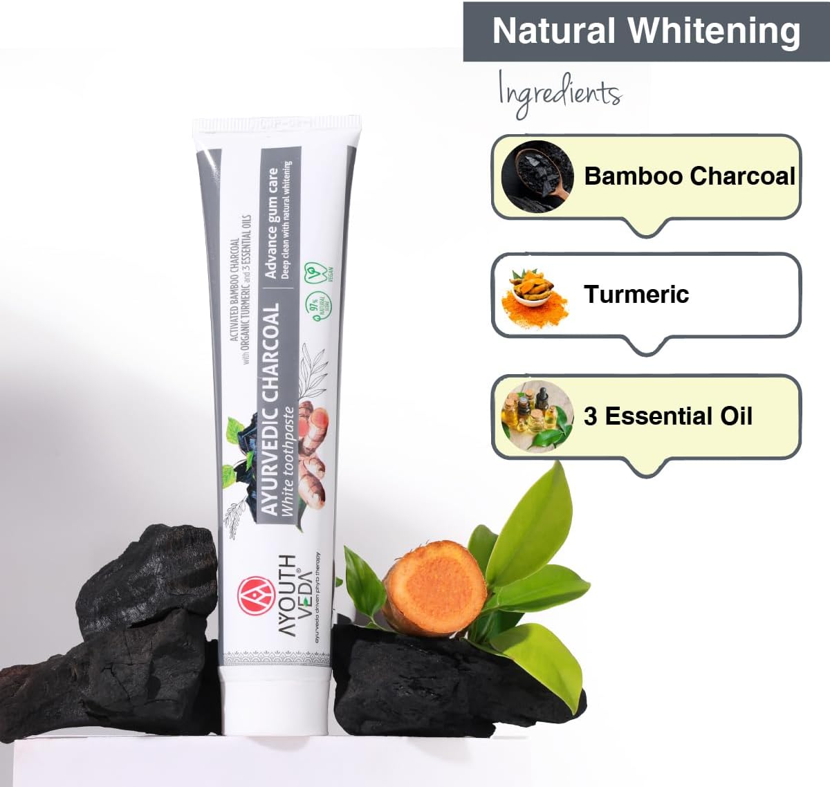 AyouthVeda Ayurvedic Charcoal White Toothpaste with Activated Bamboo Charcoal & Turmeric for Deep Cleaning & Whitening - 100g