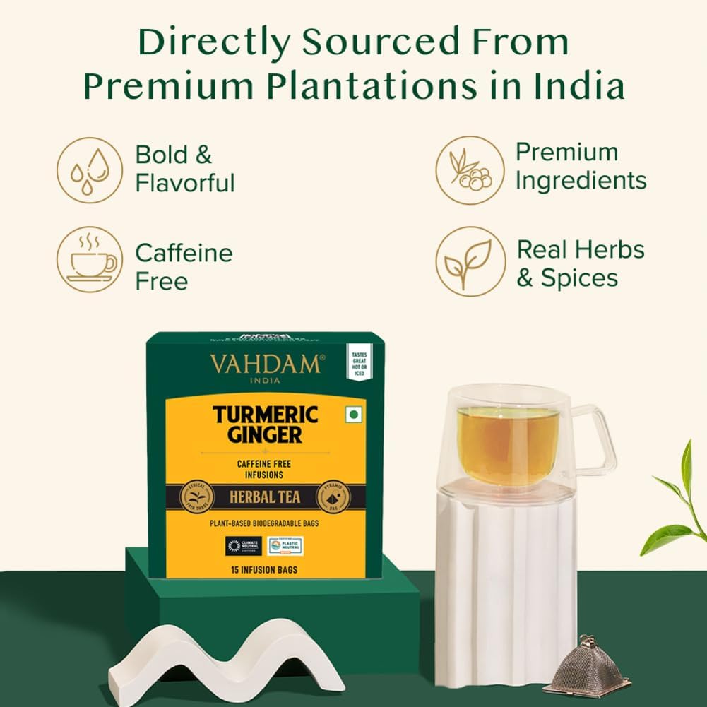 VAHDAM, Turmeric + Ginger Powerful SUPERFOOD Blend (15 Pyramid Tea Bag) Herbal Tea Bags, 100% Natural Ingredients- Turmeric & Ginger Tea