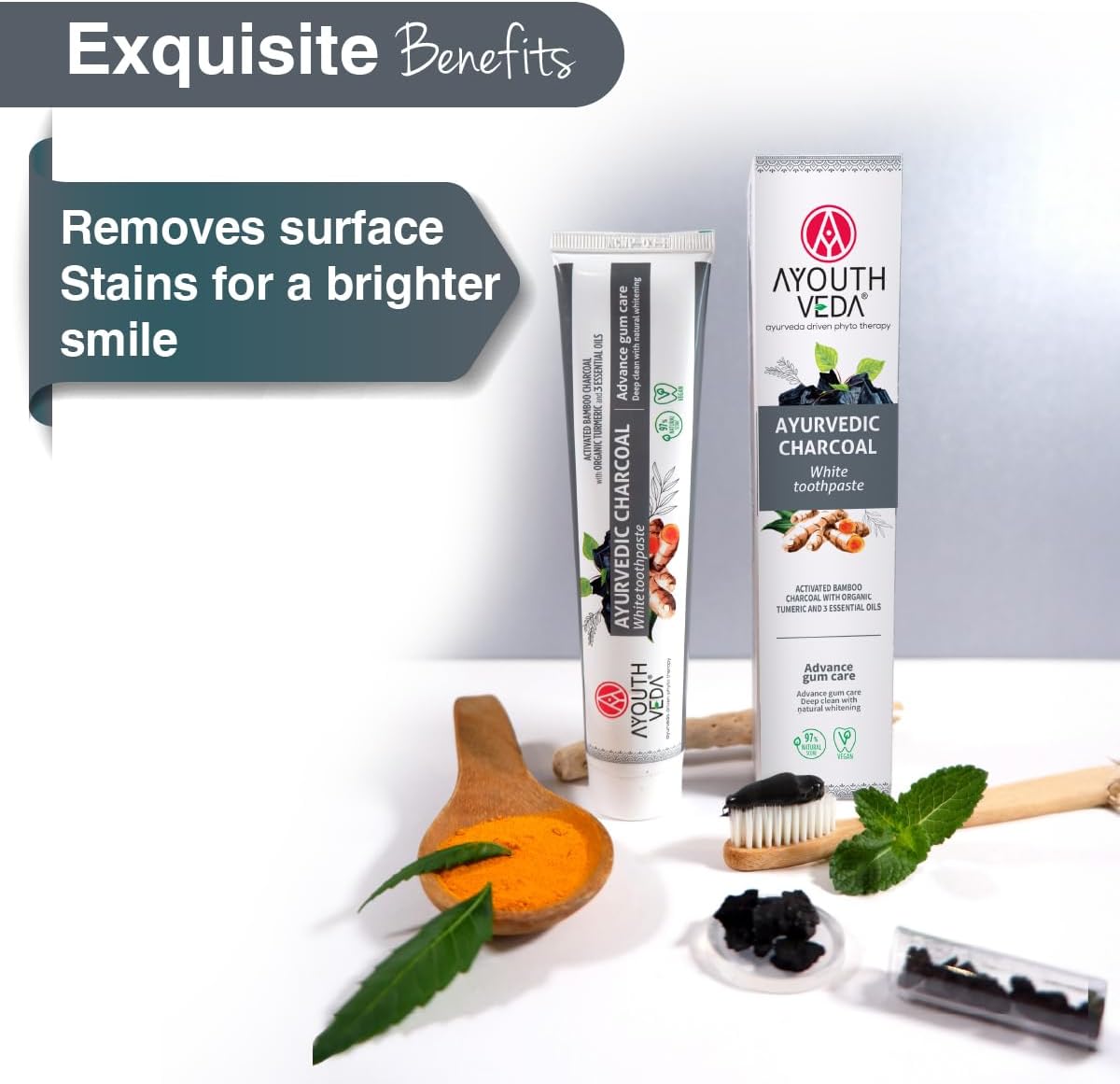 AyouthVeda Ayurvedic Charcoal White Toothpaste with Activated Bamboo Charcoal & Turmeric for Deep Cleaning & Whitening - 100g