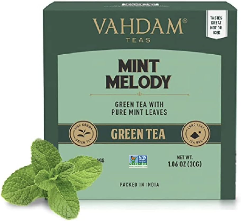 VAHDAM Pure Mint Herbal Tea (15 Pyramid Tea Bags) Caffeine Free, Non GMO, Gluten Free - Blend of Spearmint & Peppermint - Sweet & Minty - Resealable Ziplock Pouch