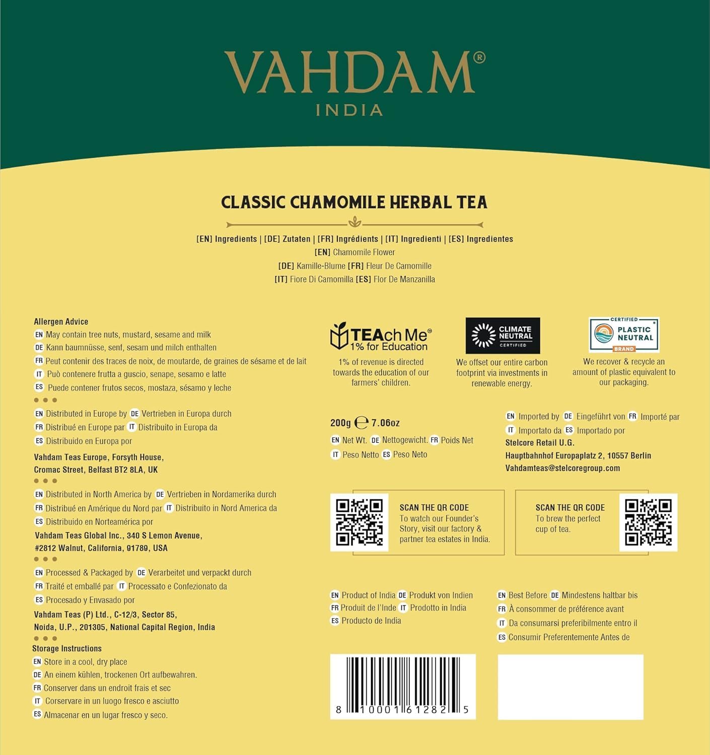VAHDAM Chamomile Herbal Tea (15 Pyramid Tea Bags) Resealable Ziplock Pouch - Caffeine Free, Non GMO, Gluten Free - 100% Pure Tisane - Sweet & Floral - Made With Natural Chamomile Flowers