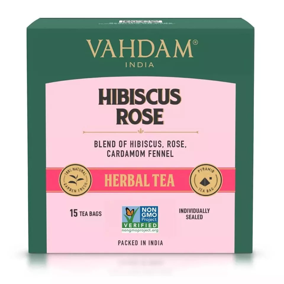 VAHDAM Hibiscus Rose Tea (15 Pyramid Tea Bags) Herbal Tea Bags- Hibiscus Rose Petals & Indian Exotic Spices - Caffeine Free Hibiscus Tea, Floral Flavour Tisane - Eco-Conscious Tea Bags