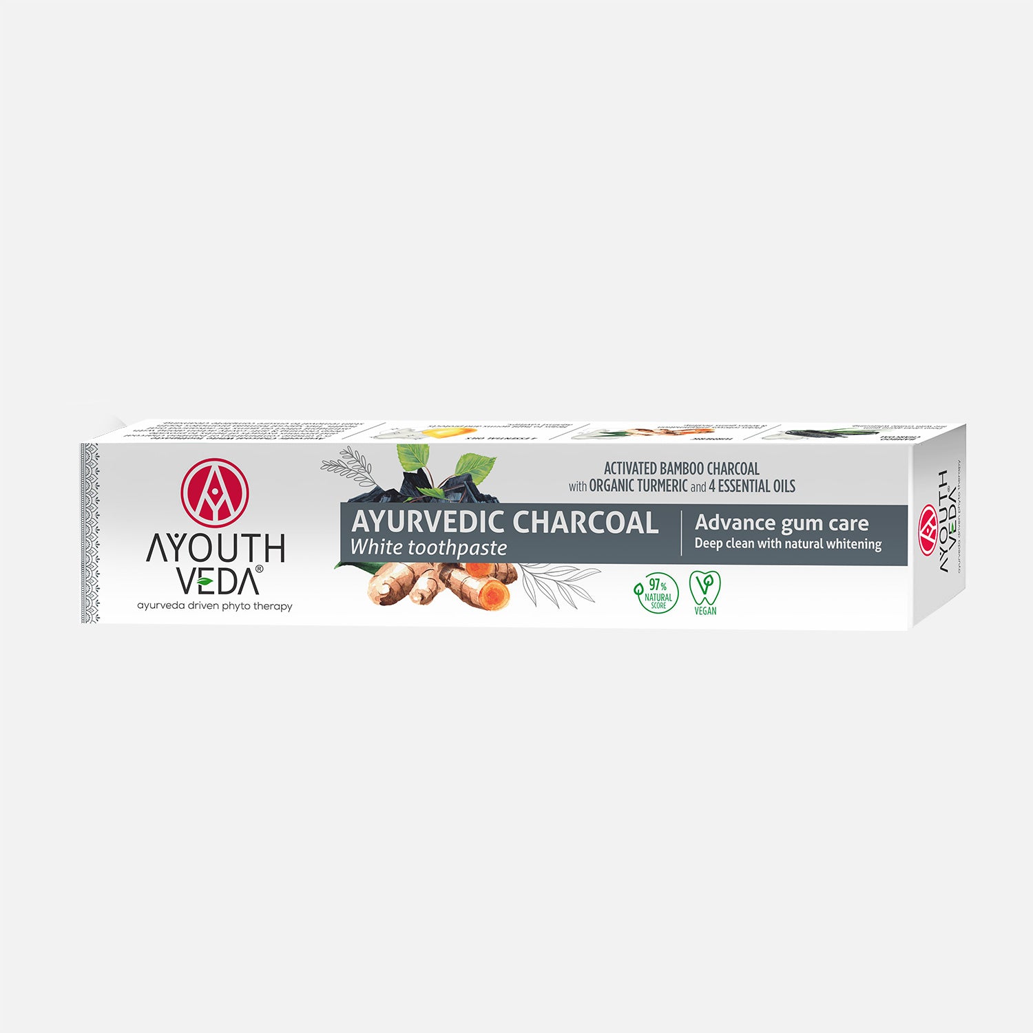 AyouthVeda Ayurvedic Charcoal White Toothpaste with Activated Bamboo Charcoal & Turmeric for Deep Cleaning & Whitening - 100g