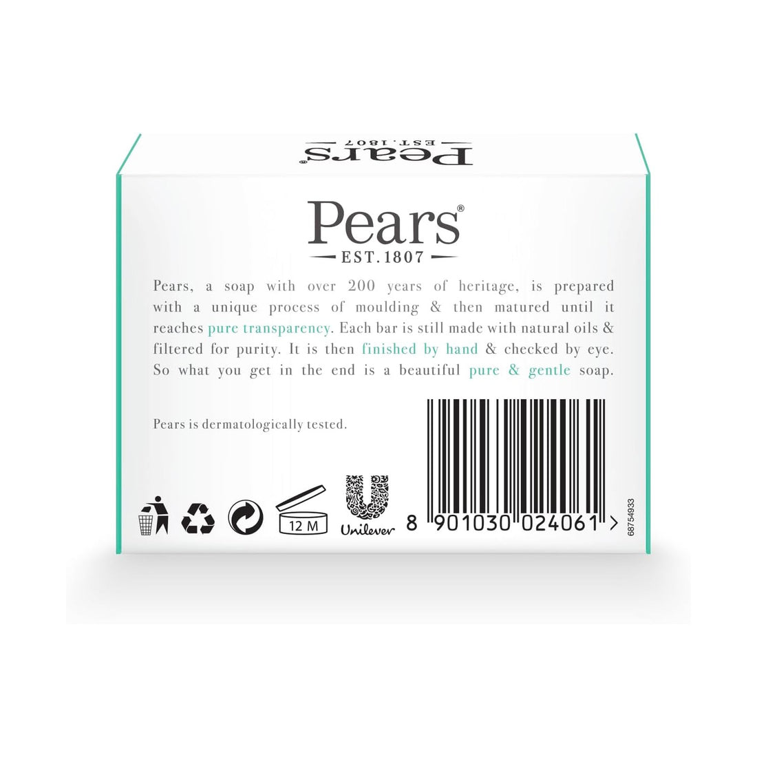 Pears Pure & Gentle Transparent Natural Soap Bar - Made with Lemon Flower Extracts, Nourishing and Refreshing Bathing Cleanser - 125g