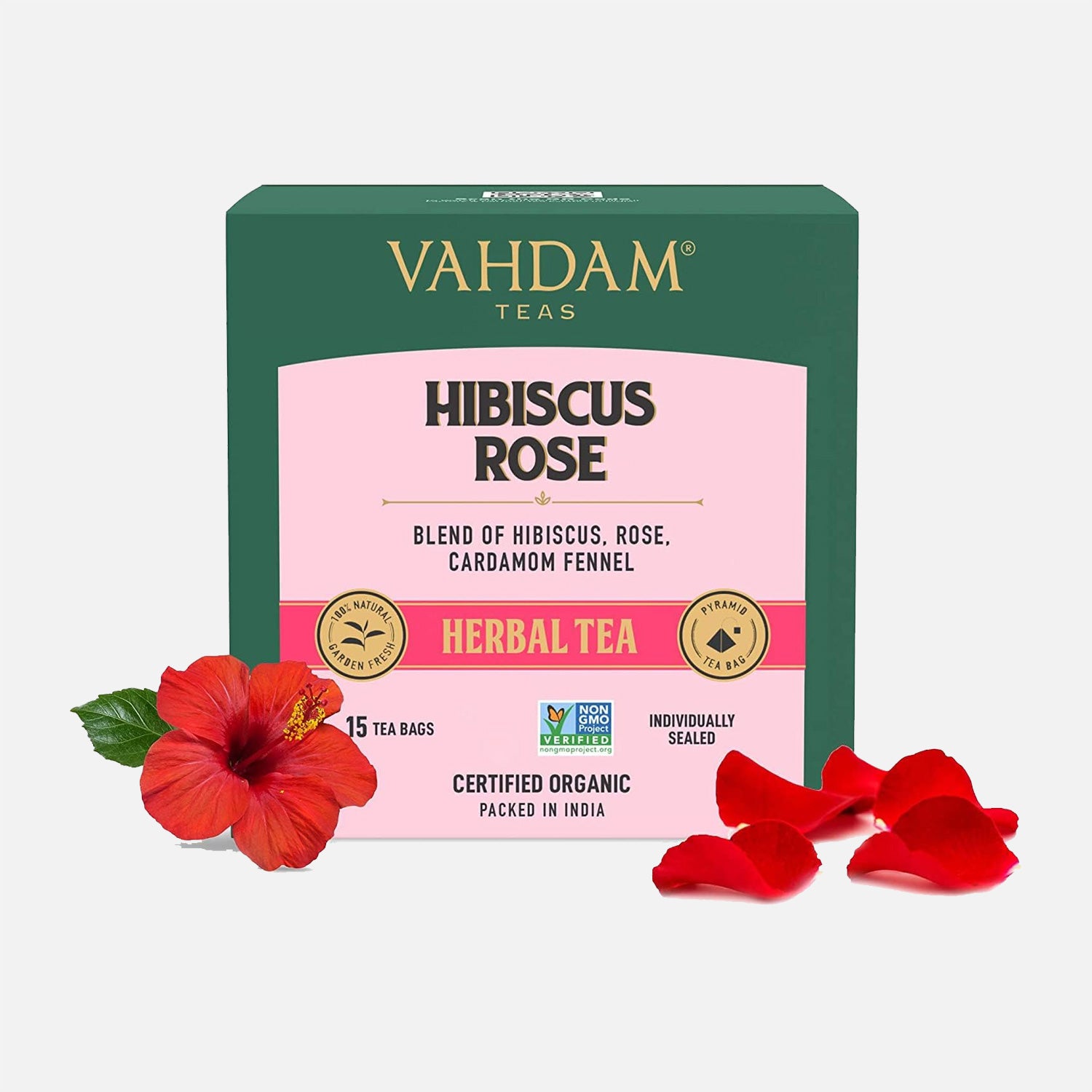 VAHDAM Hibiscus Rose Tea (15 Pyramid Tea Bags) Herbal Tea Bags- Hibiscus Rose Petals & Indian Exotic Spices - Caffeine Free Hibiscus Tea, Floral Flavour Tisane - Eco-Conscious Tea Bags