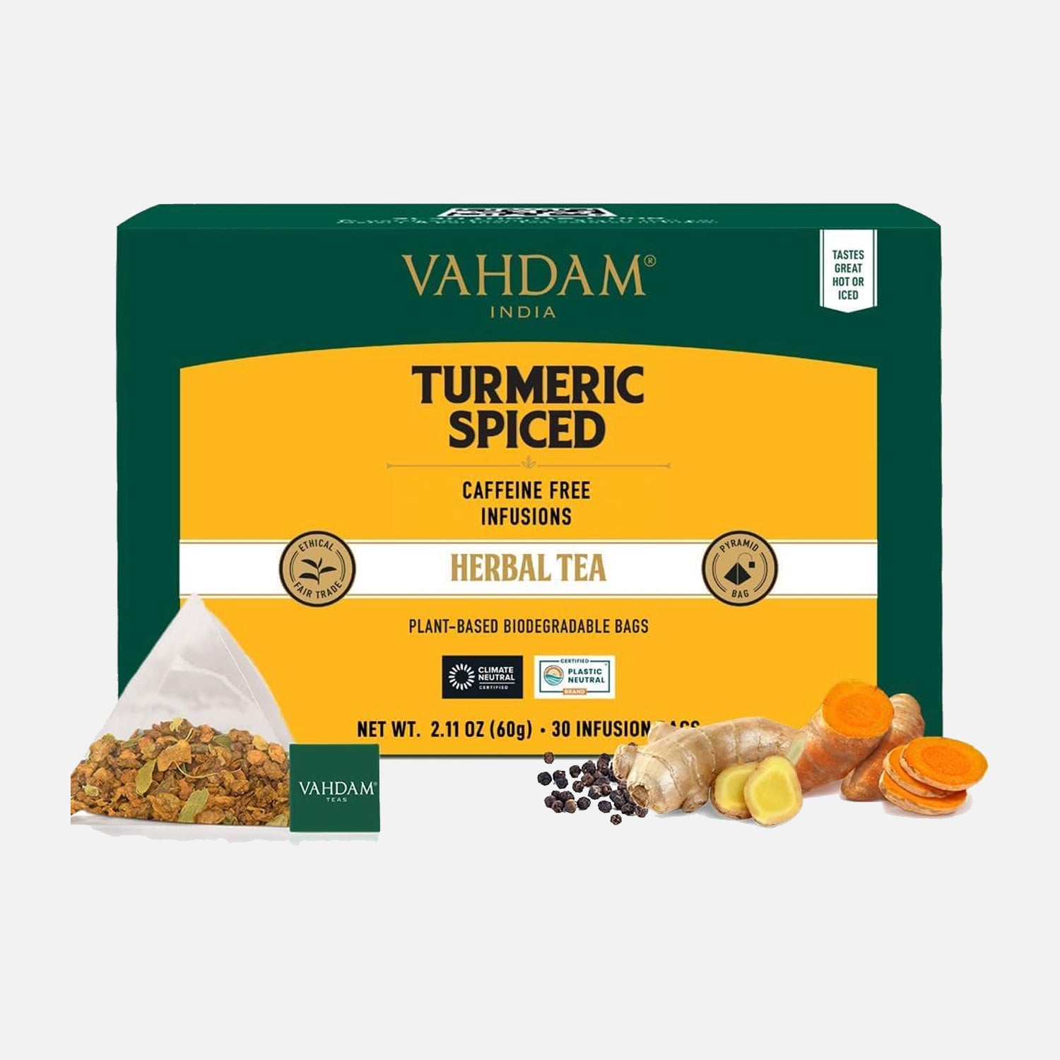 VAHDAM, Turmeric Spice Herbal Tea Bags (30 Count) Caffeine Free, Non GMO, Gluten Free - 100% Pure Herbal Tisane - Savory & Spicy - Individually Wrapped Pyramid Tea Bags