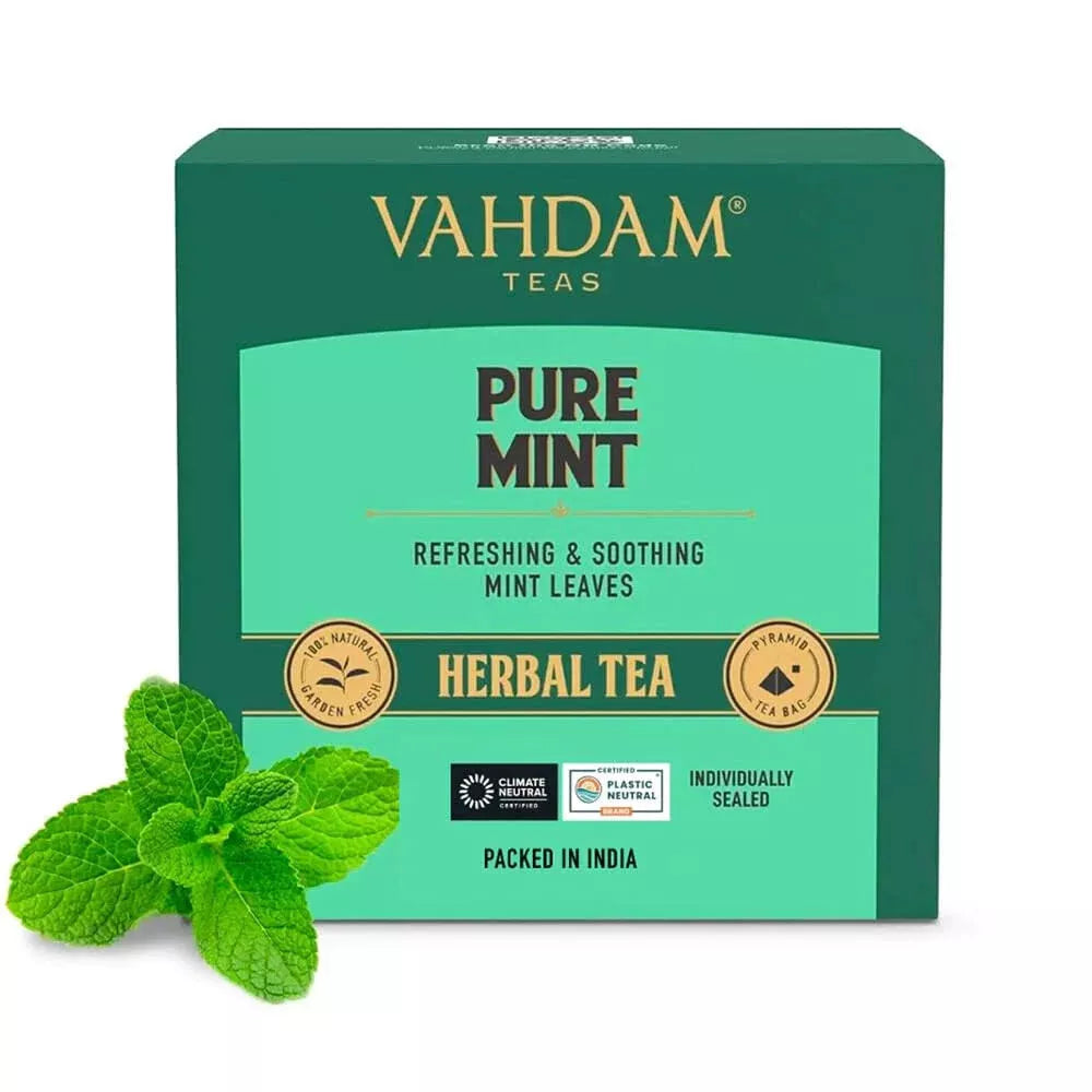 VAHDAM Pure Mint Herbal Tea (15 Pyramid Tea Bags) Caffeine Free, Non GMO, Gluten Free - Blend of 100% Natural Ingredients- Peppermint Tea, Spearmint Tea - Mint Tea Bags - Resealable Ziplock Pouch