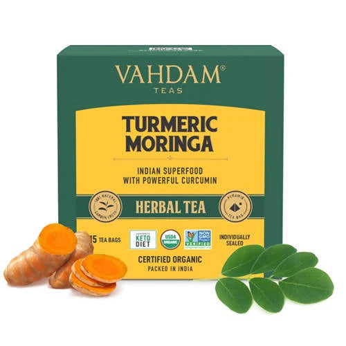 Vahdam Turmeric Moringa Tea Bags 15 Herbal Tea Bags) Caffeine Free, Non GMO, Gluten Free | 100% Pure Herbal Blend - Sweet & Earthy