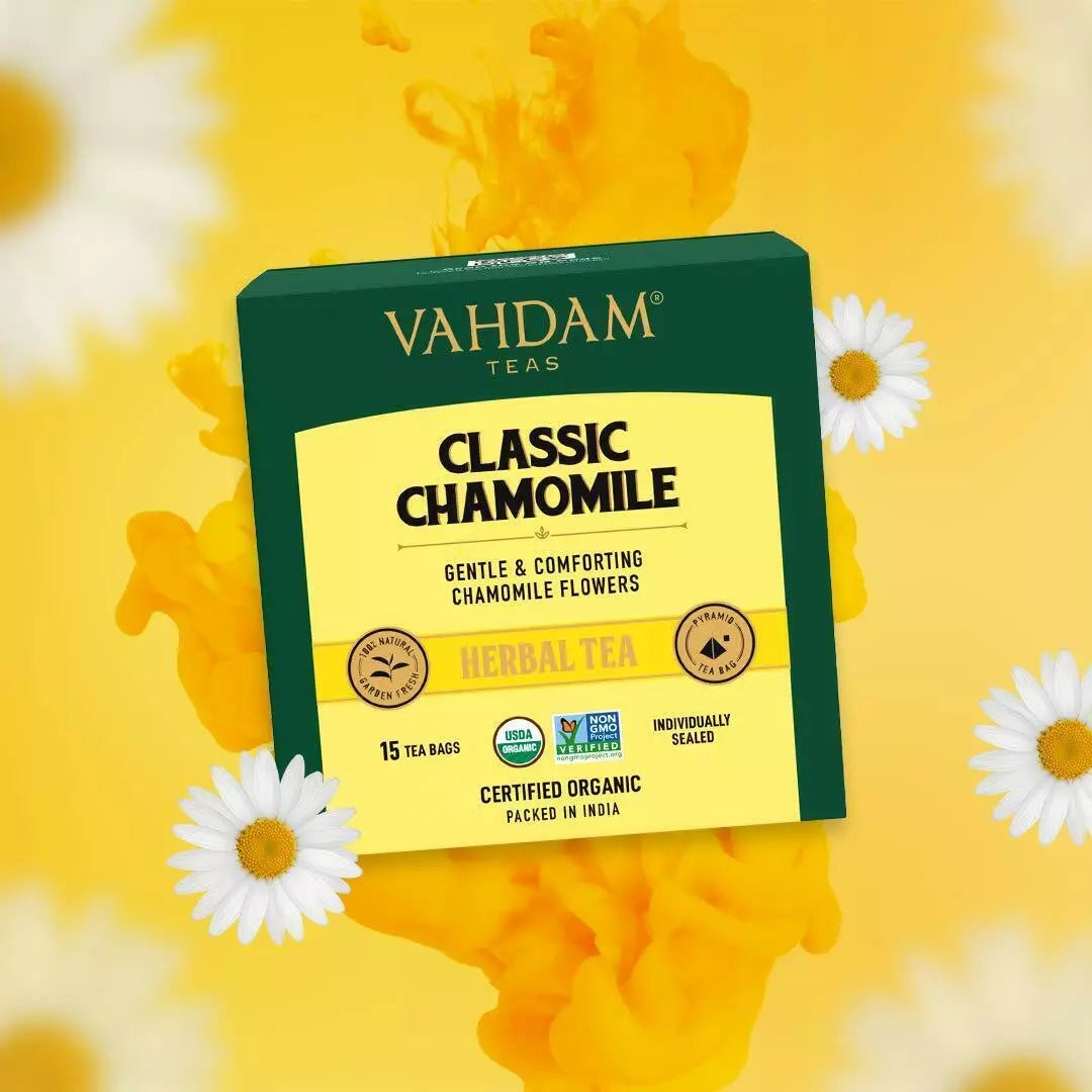 VAHDAM Chamomile Herbal Tea (15 Pyramid Tea Bags) Resealable Ziplock Pouch - Caffeine Free, Non GMO, Gluten Free - 100% Pure Tisane - Sweet & Floral - Made With Natural Chamomile Flowers