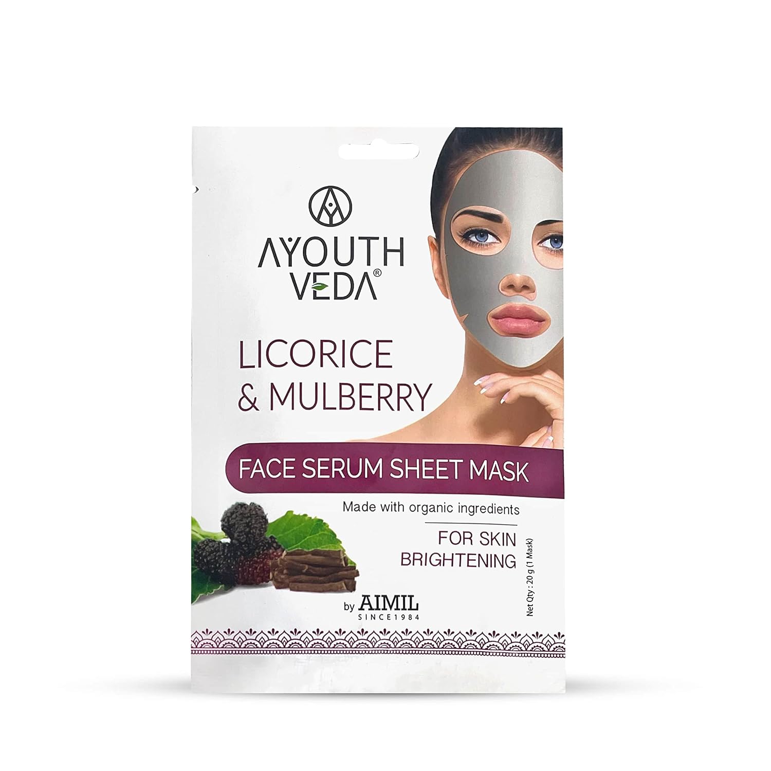 Ayouthveda Licorice &amp; Mulberry Face Serum Sheet Mask for Glowing and Radiant Skin, Pack Of 1 - 20g