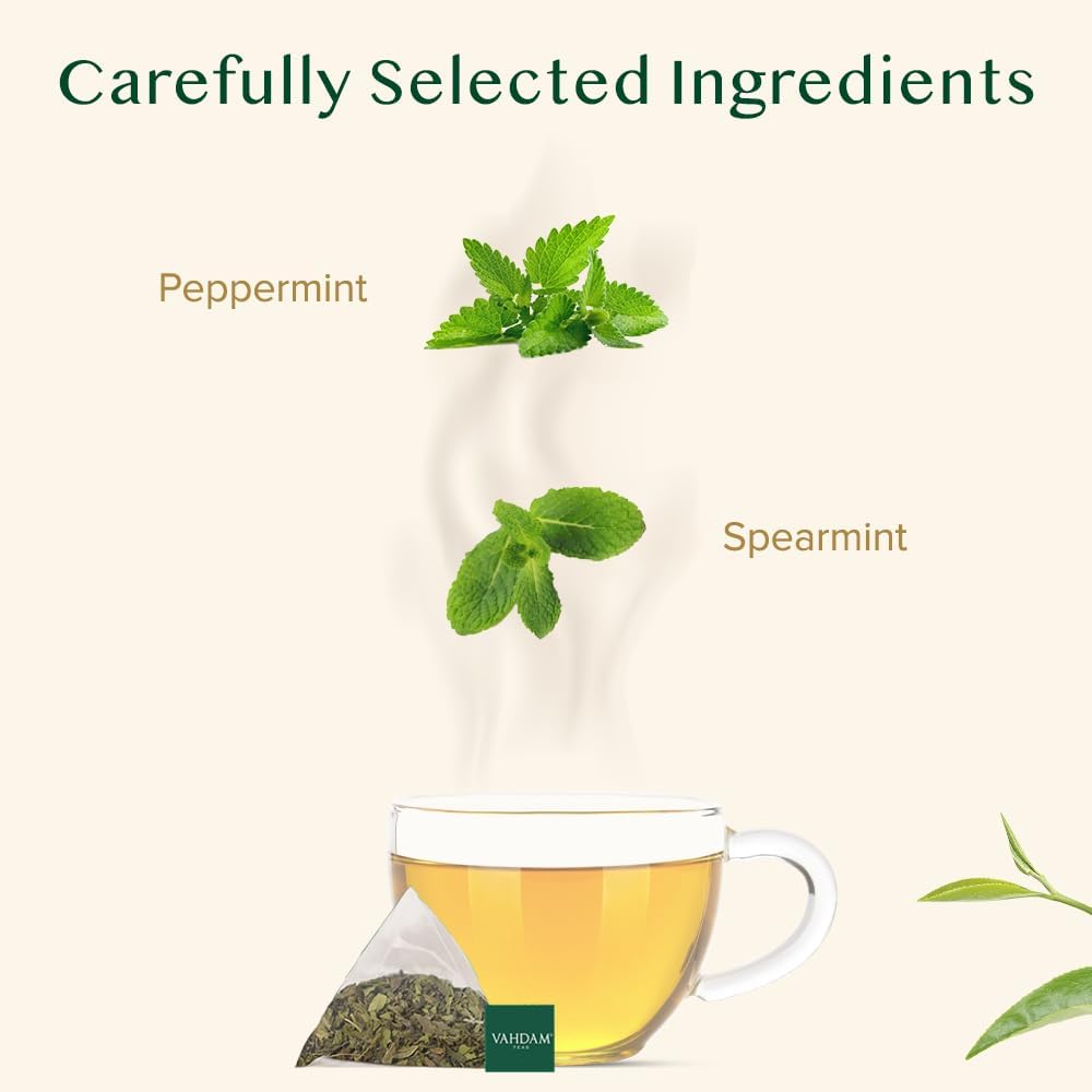 VAHDAM Pure Mint Herbal Tea (15 Pyramid Tea Bags) Caffeine Free, Non GMO, Gluten Free - Blend of 100% Natural Ingredients- Peppermint Tea, Spearmint Tea - Mint Tea Bags - Resealable Ziplock Pouch