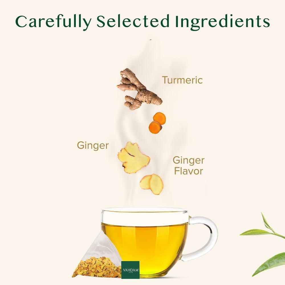 VAHDAM, Turmeric + Ginger Powerful SUPERFOOD Blend (15 Pyramid Tea Bag) Herbal Tea Bags, 100% Natural Ingredients- Turmeric &amp; Ginger Tea
