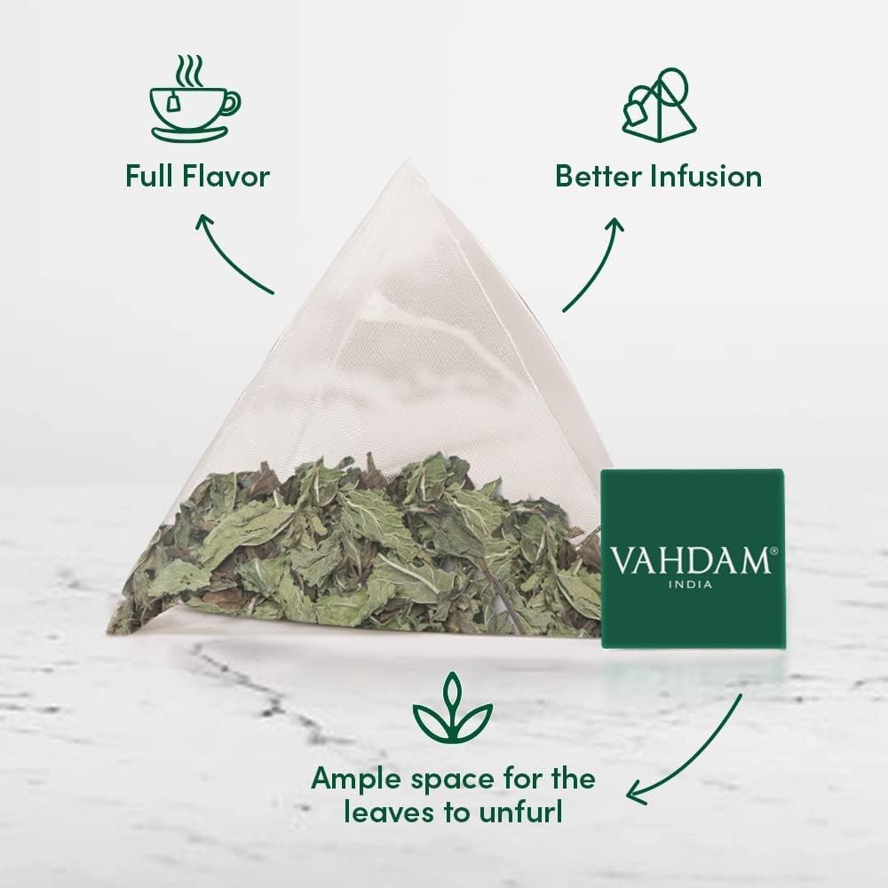 VAHDAM Pure Mint Herbal Tea (15 Pyramid Tea Bags) Caffeine Free, Non GMO, Gluten Free - Blend of Spearmint &amp; Peppermint - Sweet &amp; Minty - Resealable Ziplock Pouch