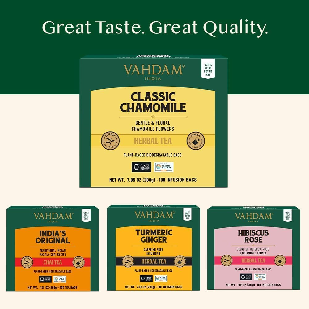 VAHDAM Chamomile Herbal Tea (15 Pyramid Tea Bags) Resealable Ziplock Pouch - Caffeine Free, Non GMO, Gluten Free - 100% Pure Tisane - Sweet &amp; Floral - Made With Natural Chamomile Flowers