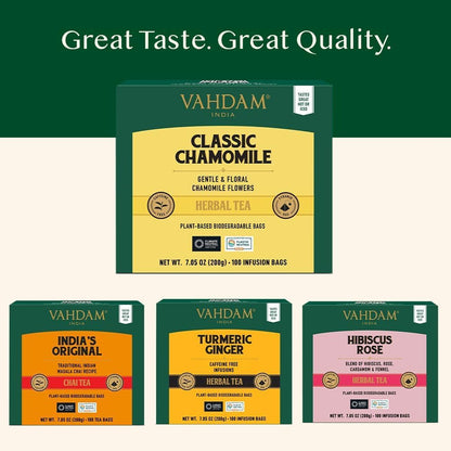 VAHDAM Chamomile Herbal Tea (15 Pyramid Tea Bags) Resealable Ziplock Pouch - Caffeine Free, Non GMO, Gluten Free - 100% Pure Tisane - Sweet &amp; Floral - Made With Natural Chamomile Flowers
