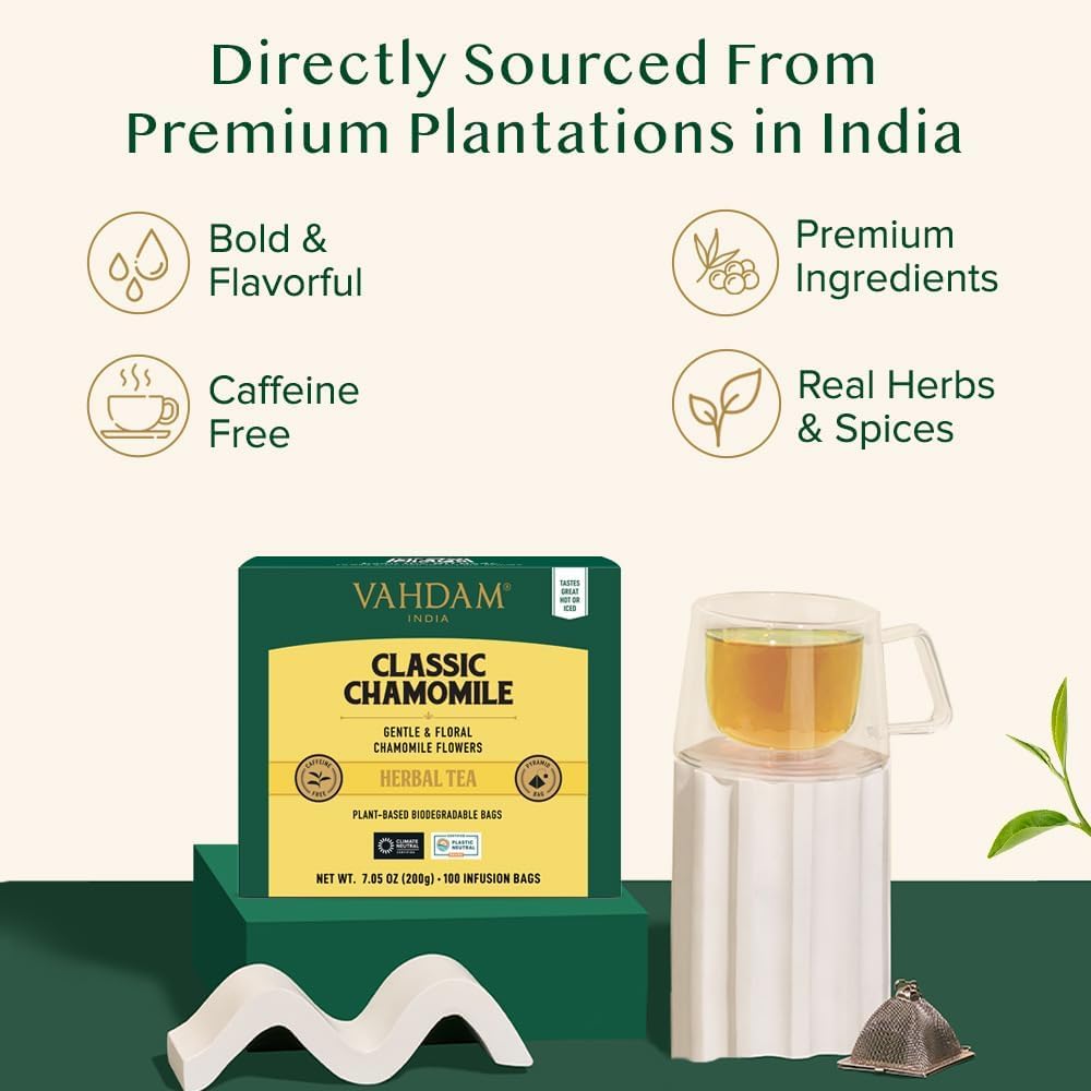 VAHDAM Chamomile Herbal Tea (15 Pyramid Tea Bags) Resealable Ziplock Pouch - Caffeine Free, Non GMO, Gluten Free - 100% Pure Tisane - Sweet &amp; Floral - Made With Natural Chamomile Flowers