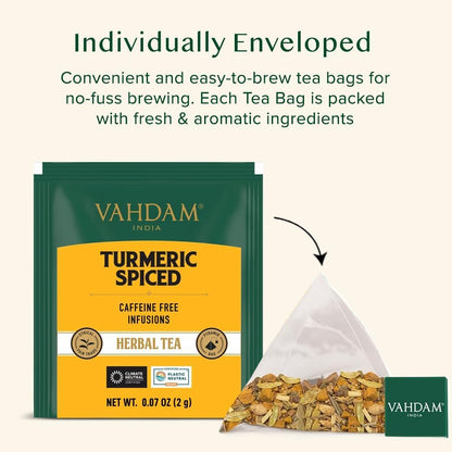 VAHDAM, Turmeric Spice Herbal Tea Bags (30 Count) Caffeine Free, Non GMO, Gluten Free - 100% Pure Herbal Tisane - Savory &amp; Spicy - Individually Wrapped Pyramid Tea Bags