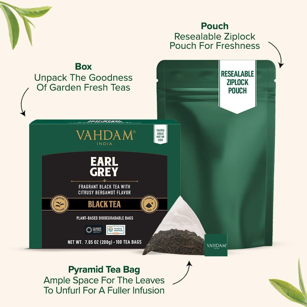VAHDAM Earl Grey Black Tea Bags (100 Count) Medium Caffeine, Non GMO, Gluten Free - Citrus Bergamot &amp; Smooth - Resealable Ziplock Pouch - Plant Based Tea Bags