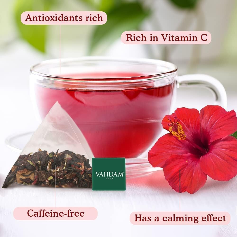 VAHDAM Hibiscus Rose Tea (15 Pyramid Tea Bags) Herbal Tea Bags- Hibiscus Rose Petals &amp; Indian Exotic Spices - Caffeine Free Hibiscus Tea, Floral Flavour Tisane - Eco-Conscious Tea Bags