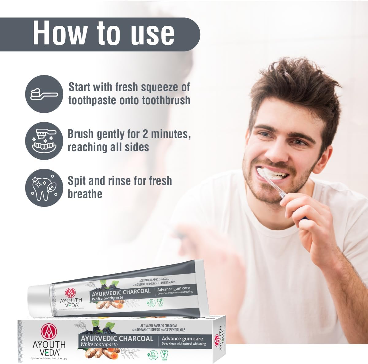 AyouthVeda Ayurvedic Charcoal White Toothpaste with Activated Bamboo Charcoal &amp; Turmeric for Deep Cleaning &amp; Whitening - 100g