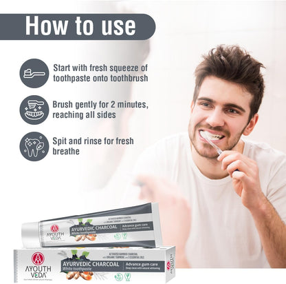 AyouthVeda Ayurvedic Charcoal White Toothpaste with Activated Bamboo Charcoal &amp; Turmeric for Deep Cleaning &amp; Whitening - 100g