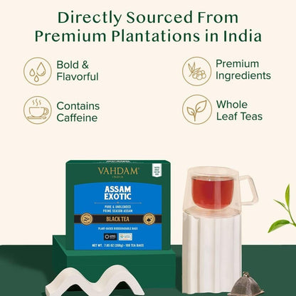 VAHDAM Assam Exotic Black Tea Bags (15 Count) High Caffeine, Gluten Free, Full Bodied - Pyramid Tea Bags - Strong, Robust &amp; Flavoury