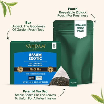 VAHDAM Assam Exotic Black Tea Bags (15 Count) High Caffeine, Gluten Free, Full Bodied - Pyramid Tea Bags - Strong, Robust &amp; Flavoury