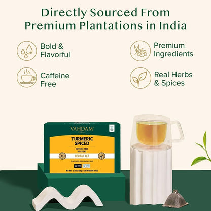 VAHDAM, Turmeric Spice Herbal Tea Bags (30 Count) Caffeine Free, Non GMO, Gluten Free - 100% Pure Herbal Tisane - Savory &amp; Spicy - Individually Wrapped Pyramid Tea Bags