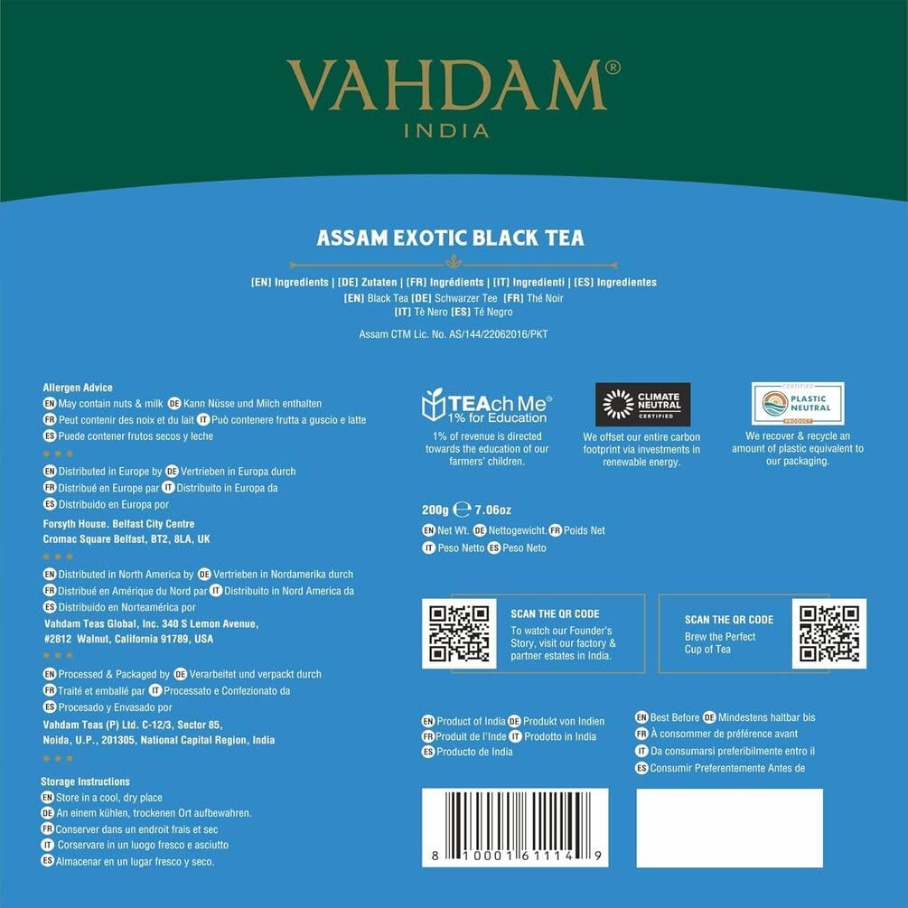 VAHDAM Assam Exotic Black Tea Bags (15 Count) High Caffeine, Gluten Free, Full Bodied - Pyramid Tea Bags - Strong, Robust &amp; Flavoury