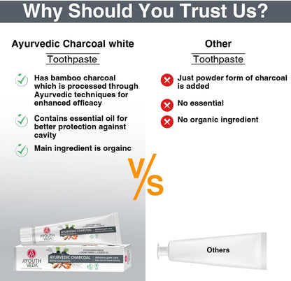 AyouthVeda Ayurvedic Charcoal White Toothpaste with Activated Bamboo Charcoal &amp; Turmeric for Deep Cleaning &amp; Whitening - 100g