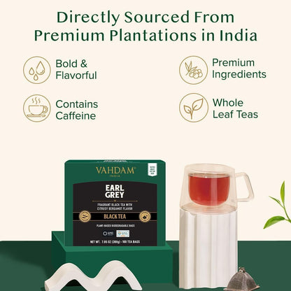 VAHDAM Earl Grey Black Tea Bags (100 Count) Medium Caffeine, Non GMO, Gluten Free - Citrus Bergamot &amp; Smooth - Resealable Ziplock Pouch - Plant Based Tea Bags