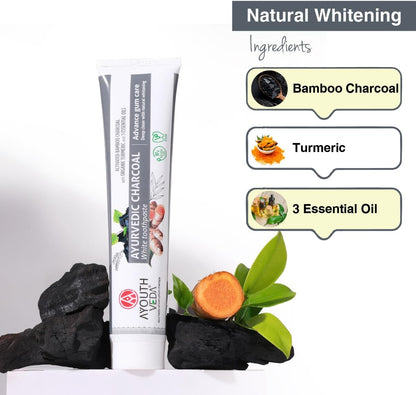 AyouthVeda Ayurvedic Charcoal White Toothpaste with Activated Bamboo Charcoal &amp; Turmeric for Deep Cleaning &amp; Whitening - 100g