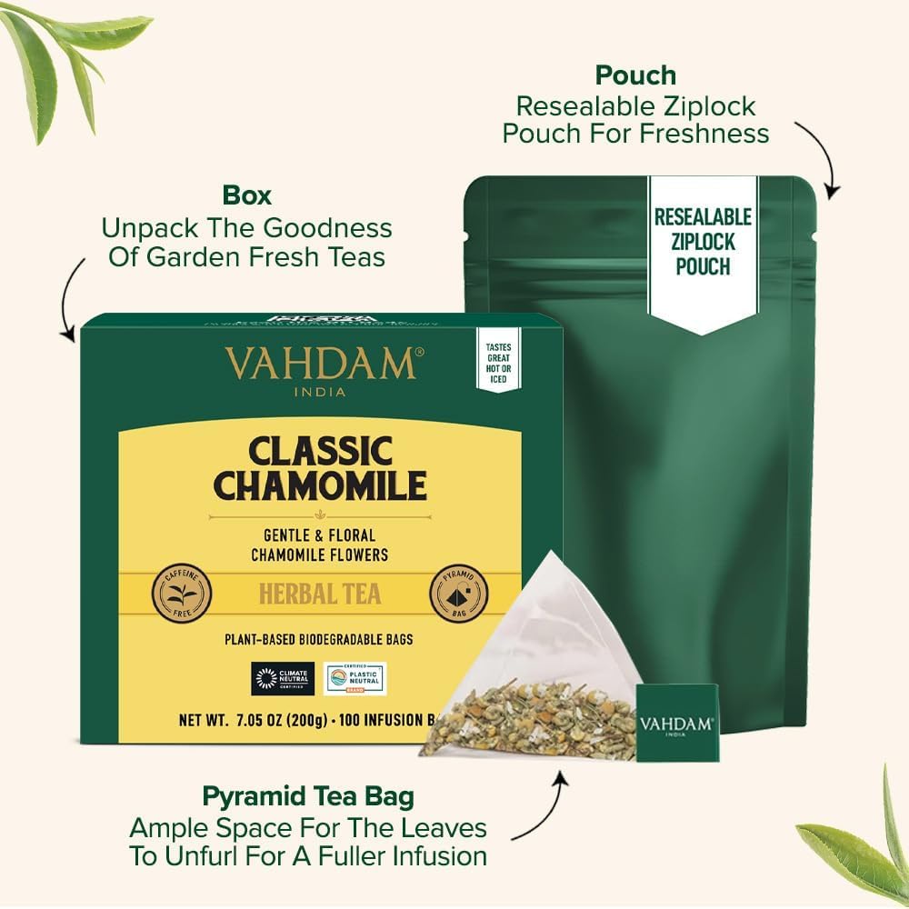VAHDAM Chamomile Herbal Tea (15 Pyramid Tea Bags) Resealable Ziplock Pouch - Caffeine Free, Non GMO, Gluten Free - 100% Pure Tisane - Sweet &amp; Floral - Made With Natural Chamomile Flowers