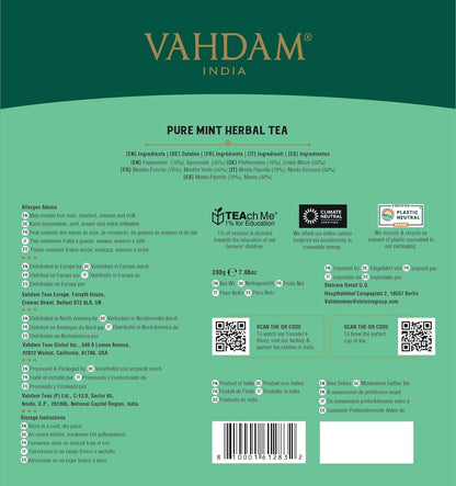 VAHDAM Pure Mint Herbal Tea (15 Pyramid Tea Bags) Caffeine Free, Non GMO, Gluten Free - Blend of 100% Natural Ingredients- Peppermint Tea, Spearmint Tea - Mint Tea Bags - Resealable Ziplock Pouch
