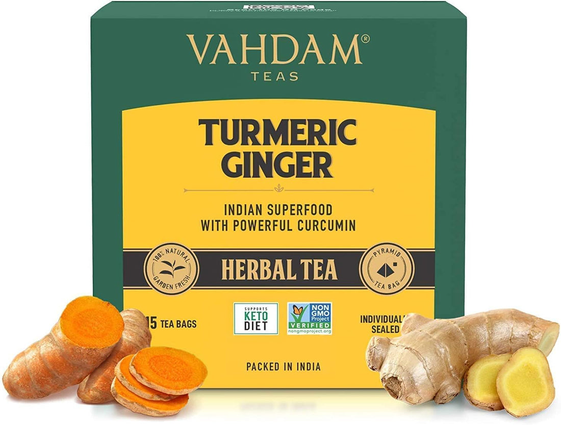 VAHDAM, Turmeric + Ginger Powerful SUPERFOOD Blend (15 Pyramid Tea Bag) Herbal Tea Bags, 100% Natural Ingredients- Turmeric &amp; Ginger Tea