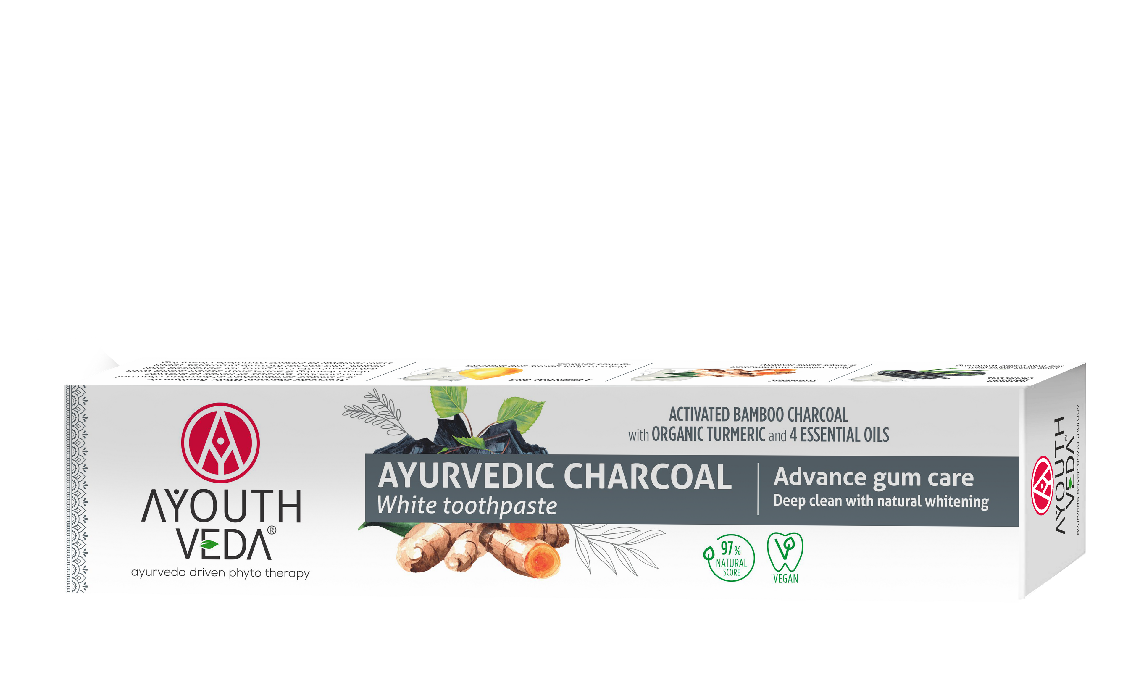 AyouthVeda Ayurvedic Charcoal White Toothpaste with Activated Bamboo Charcoal &amp; Turmeric for Deep Cleaning &amp; Whitening - 100g