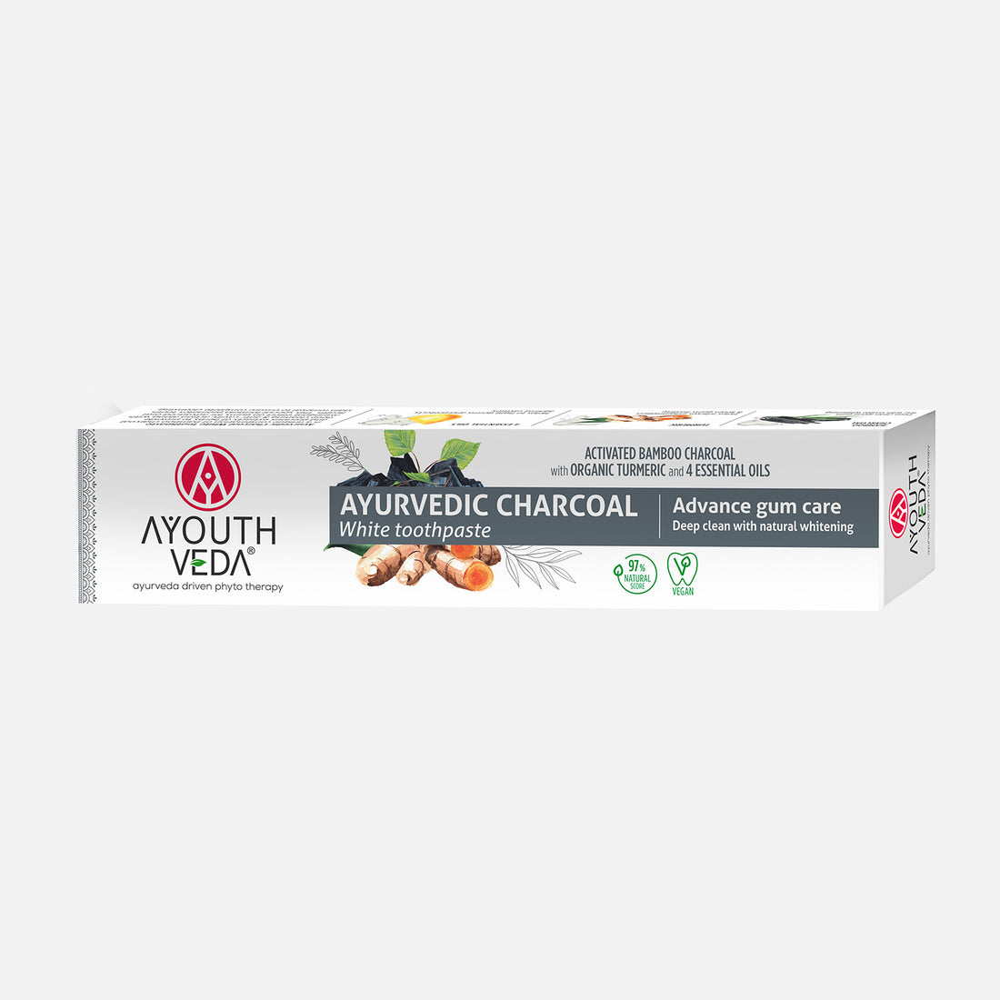AyouthVeda Ayurvedic Charcoal White Toothpaste with Activated Bamboo Charcoal & Turmeric for Deep Cleaning & Whitening - 100g