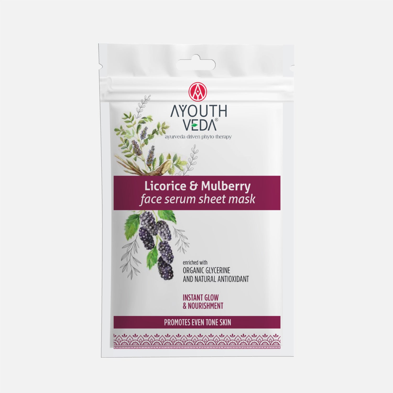 Ayouthveda Licorice &amp; Mulberry Face Serum Sheet Mask for Glowing and Radiant Skin, Pack Of 1 - 20g