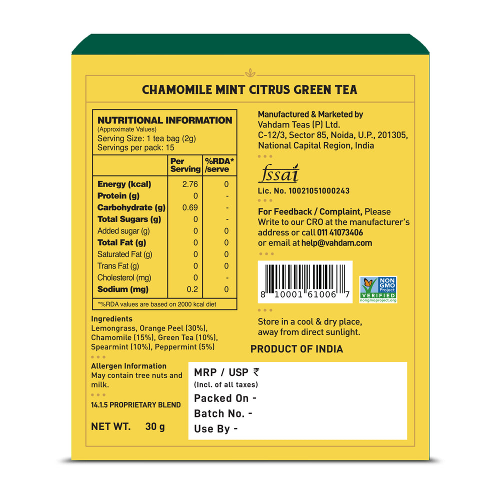 Vahdam Chamomile Mint Citrus Green Tea, 15 Count