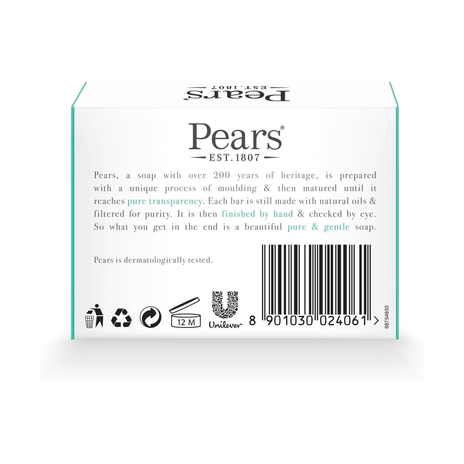 Pears Pure &amp; Gentle Transparent Natural Soap Bar - Made with Lemon Flower Extracts, Nourishing and Refreshing Bathing Cleanser - 125g